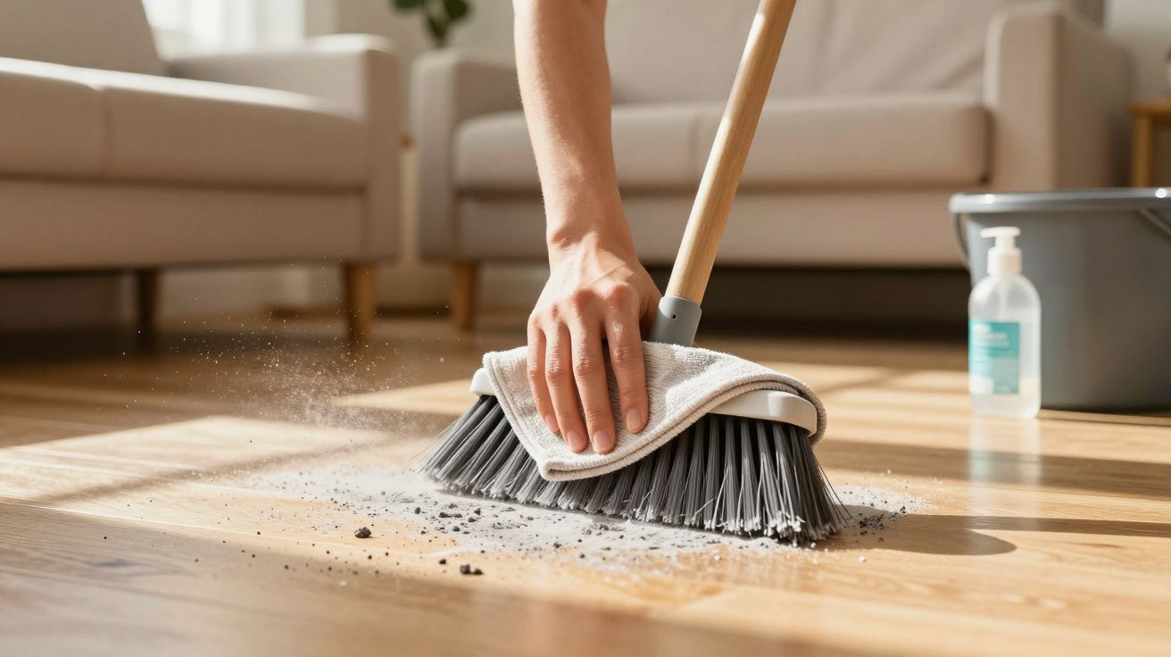 Pessoa a limpar chão de madeira com uma vassoura e pano. Balde e produto de limpeza ao fundo.