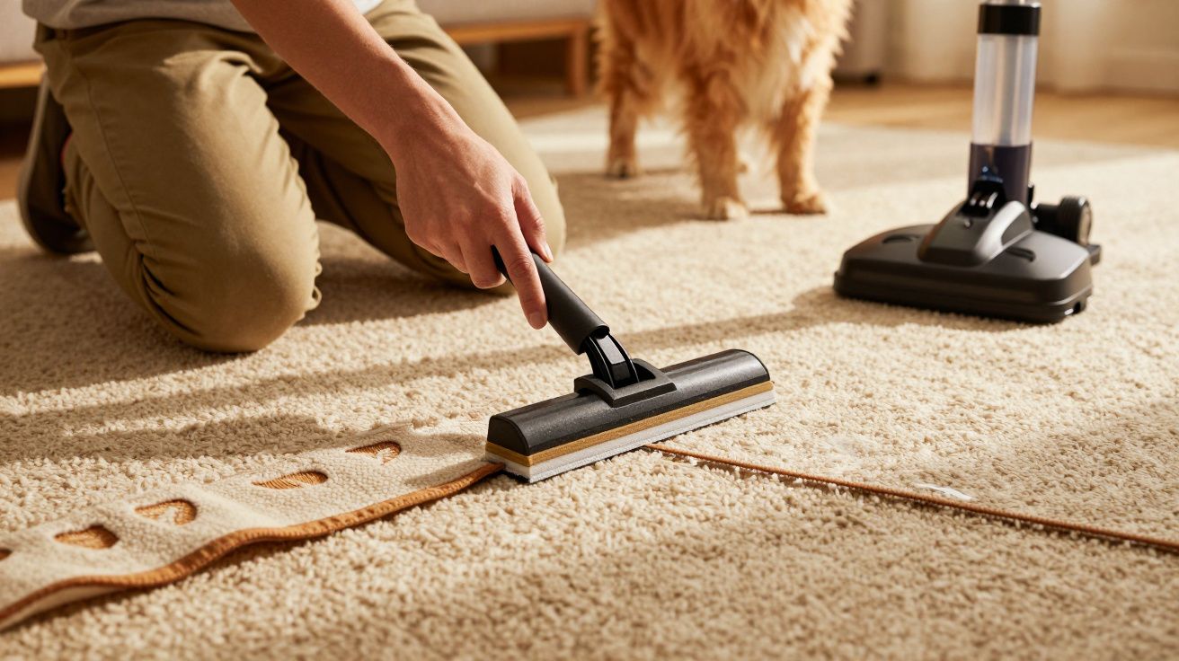 Pessoa a aspirar um tapete bege com um aspirador manual, cão ao fundo.