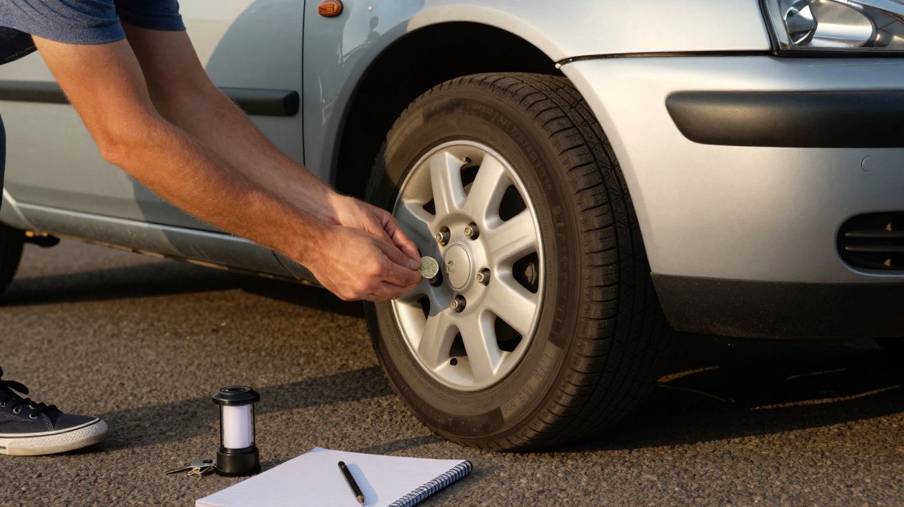 Pessoa verifica o desgaste do pneu de um carro prateado com uma moeda, perto de um caderno e lanterna.