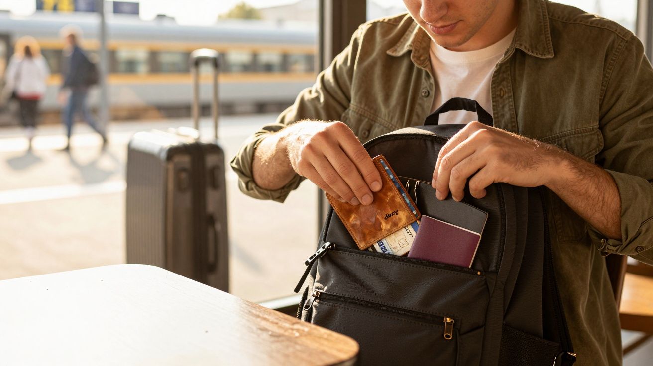 Homem a guardar passaporte e carteira na mochila, sentado numa estação de comboios com mala ao fundo.