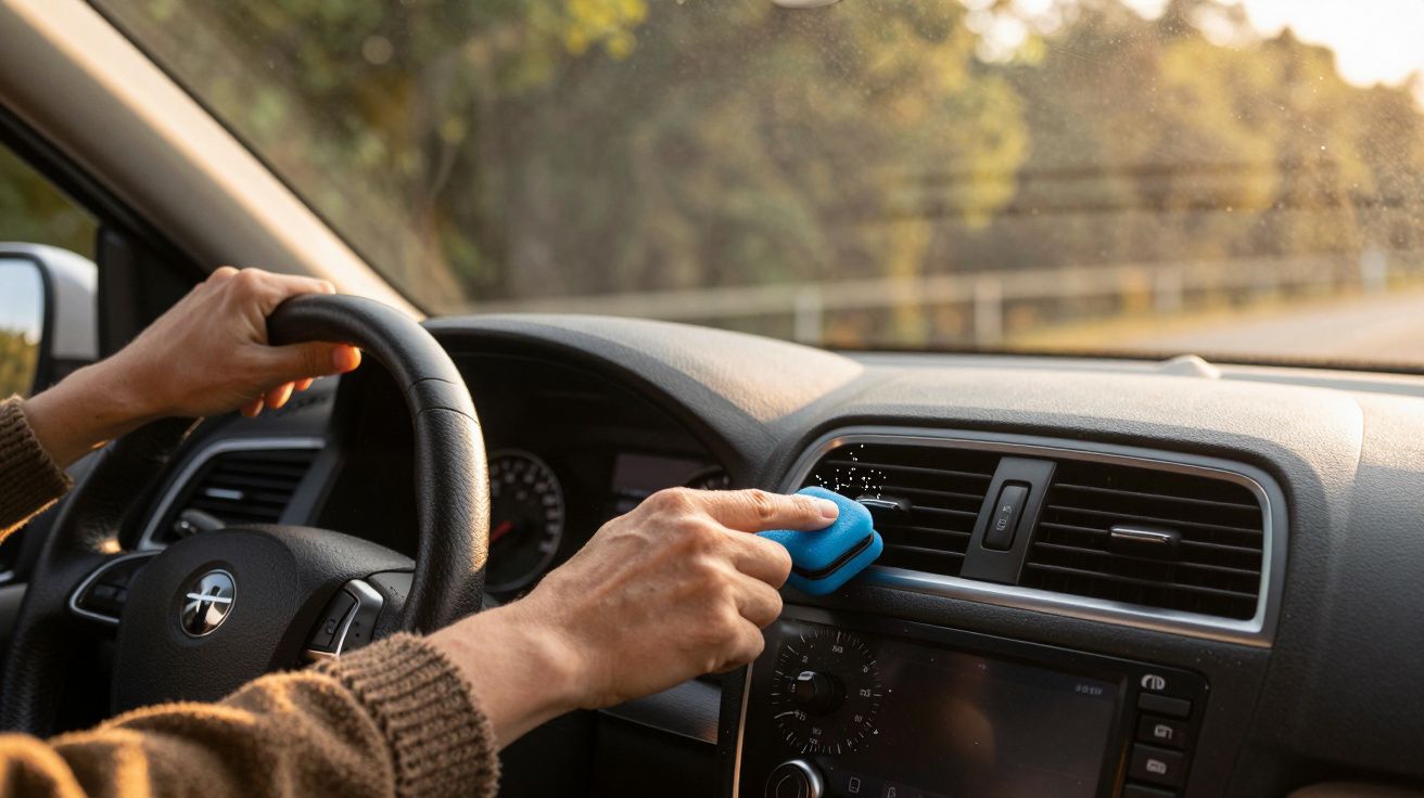 Pessoa no carro ajusta dispositivo azul perto da saída de ar no painel.