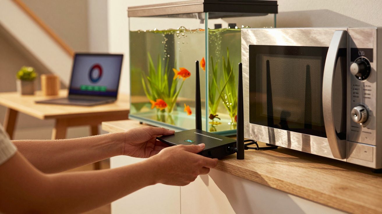 Pessoa ajusta um router ao lado de um aquário com peixes dourados e micro-ondas numa bancada de madeira.